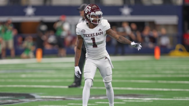 Wide receiver Evan Stewart lines up during a Texas A&M football game.