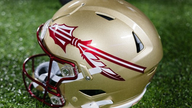 A Florida State helmet on the sidelines.