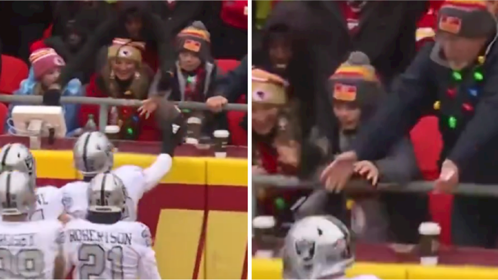 Raiders' Jack Jones goes full Grinch as he fakes out young Chiefs fan after  pick-six