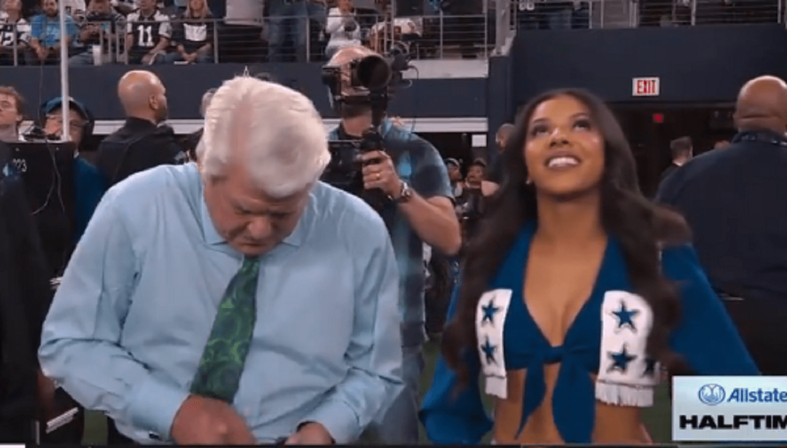 Jimmy Johnson Buckling His Belt Next To Cowboys Cheerleader During Ring