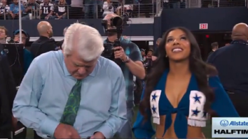 Jimmy Johnson Buckling His Belt Next To Cowboys Cheerleader During Ring Of Honor Ceremony Goes Viral