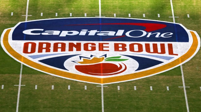 A view of the Orange Bowl logo at midfield.