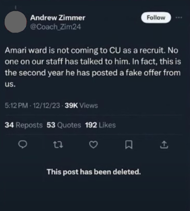 Andrew Zimmer Amari Ward tweet