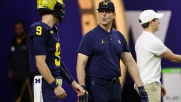 Jim Harbaugh Looked Game Ready Shagging Balls For QB JJ McCarthy In Slacks And Receiving Gloves