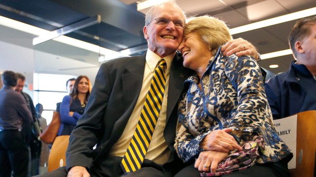 Jim Harbaugh's parents react at his Michigan introductory press conference.