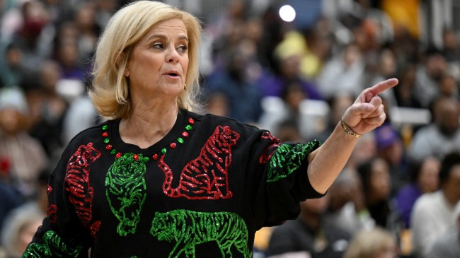 LSU women's basketball coach Kim Mulkey reacts to a play on the court.