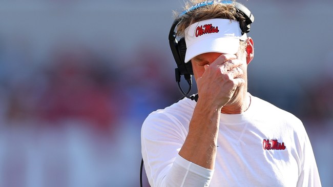 Lane Kiffin reacts to a play from the sidelines during an Ole Miss game.
