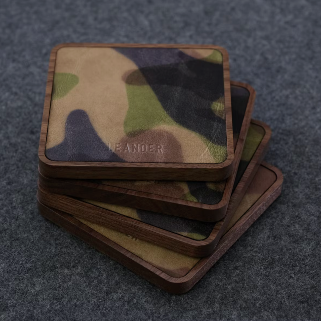 Leander Four Pack Coasters - Camo Leather