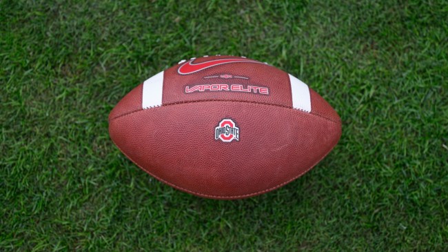 An Ohio State logo on a football.