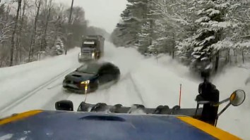 Subaru WRX Driver Hits Plow, Rips Car In Half Trying To A Pass Semi In The Snow