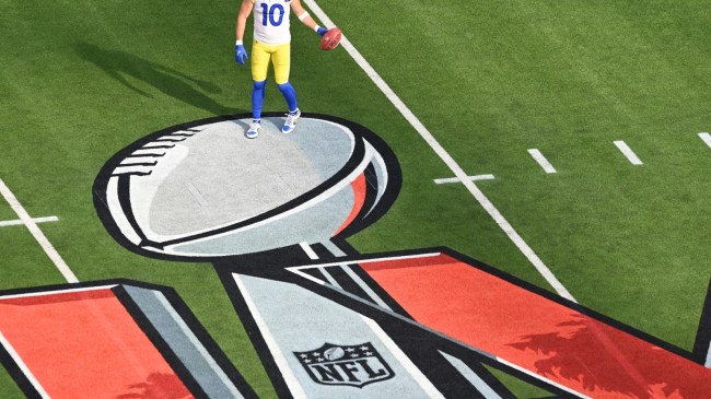 A logo at midfield during a Super Bowl matchup.
