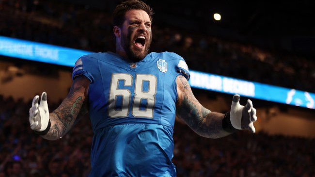 Taylor Decker fired up before a Detroit Lions football game.