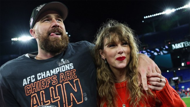 Travis Kelce celebrates with Taylor Swift after AFC Championship