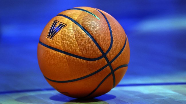 A Villanova logo on a basketball.