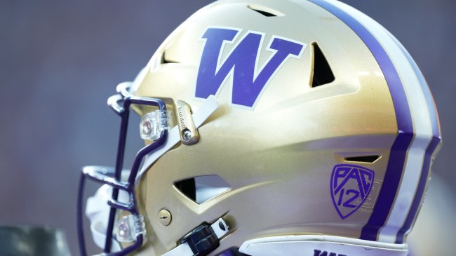 A Washington football helmet on the sidelines during the College Football Playoff.