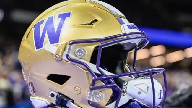 A Washington logo on a Husky football player's helmet.