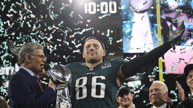 Zach Ertz celebrates a Super Bowl win with the Philadelphia Eagles.