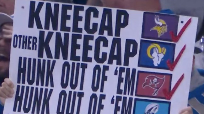 Lions fan kneecaps sign