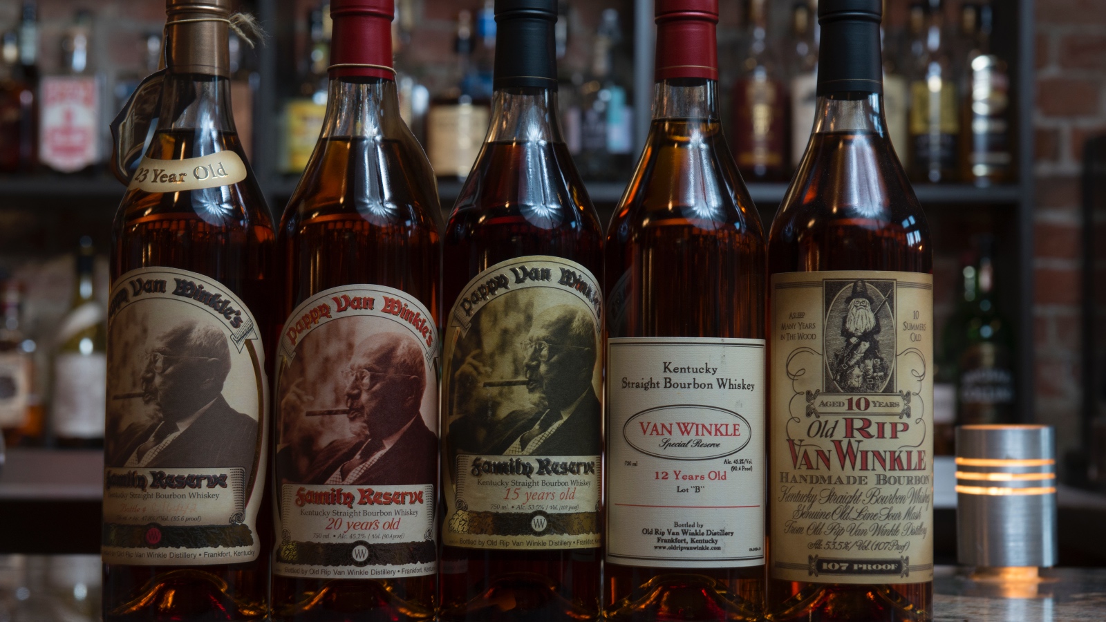 collection of Pappy Van Winkle bourbon bottles
