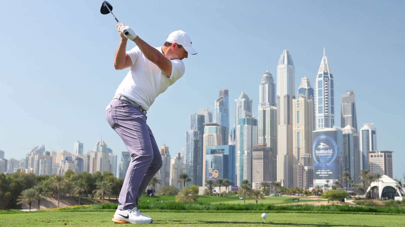 Rory McIlroy swinging a golf club in Dubai