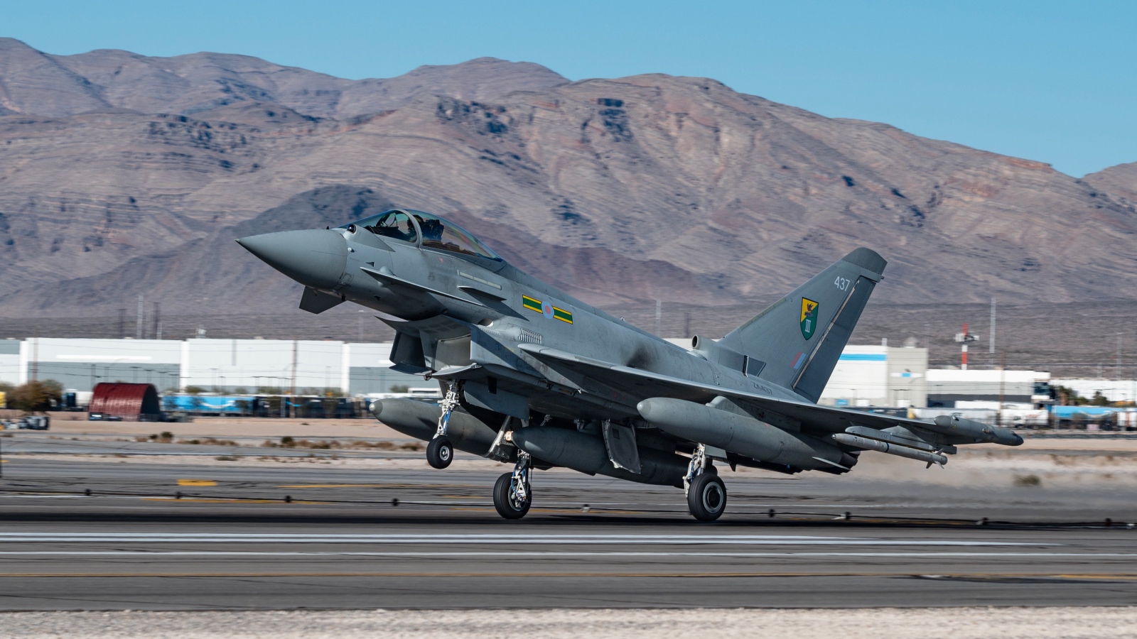 A Royal Air Force FGR-4 Typhoon lands at Nellis Air Force Base, Nevada, Jan. 10, 2024 in preparation for Red Flag-Nellis