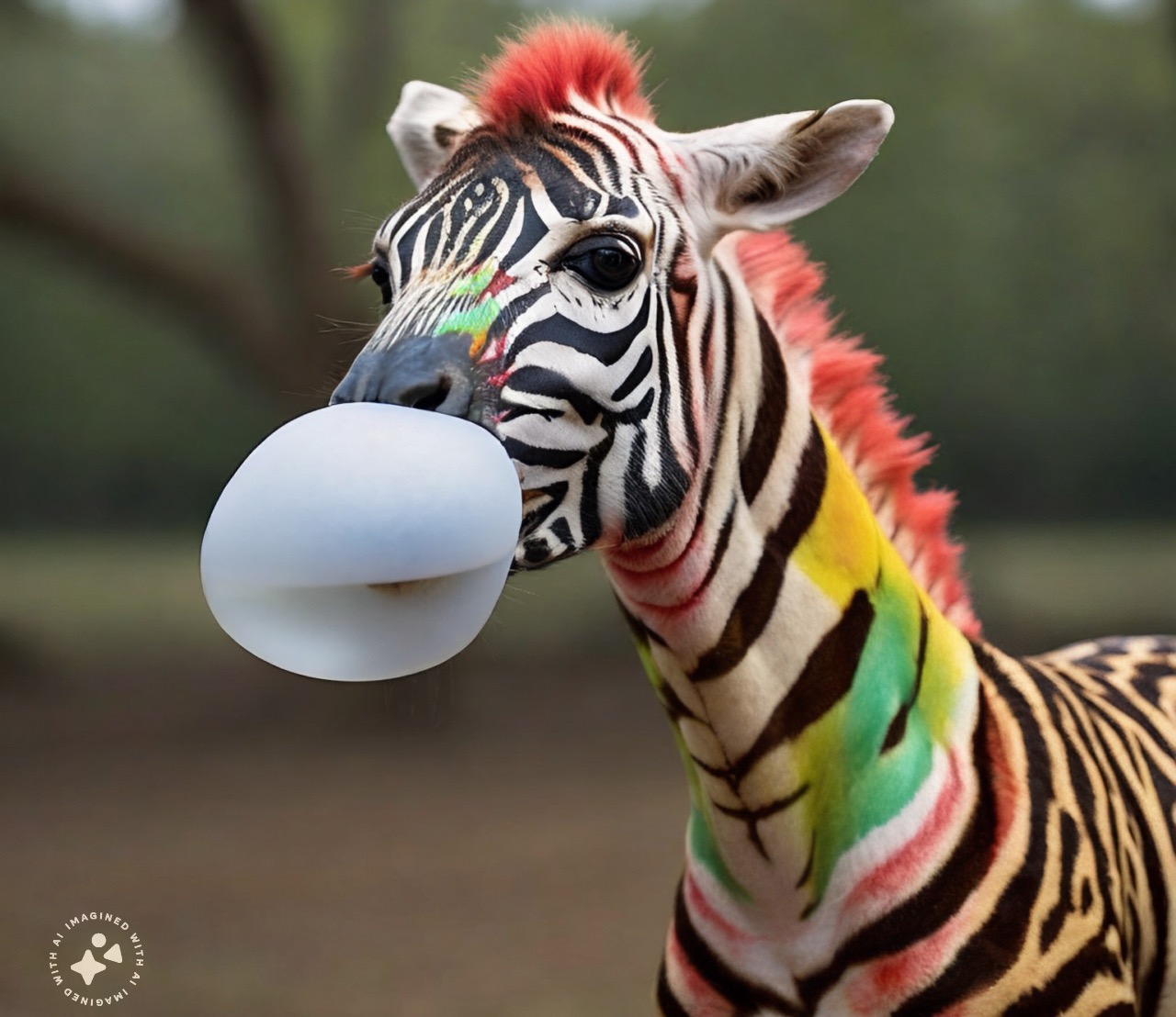 Fruit Stripe Gum zebra blowing a gum bubble