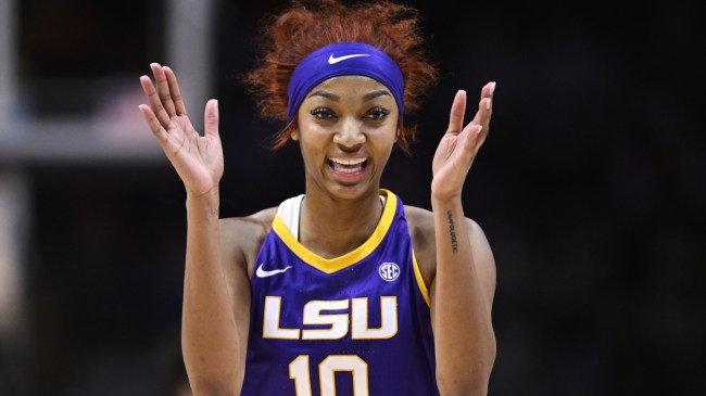 Angel Reese celebrates during a game between LSU and Tennessee.