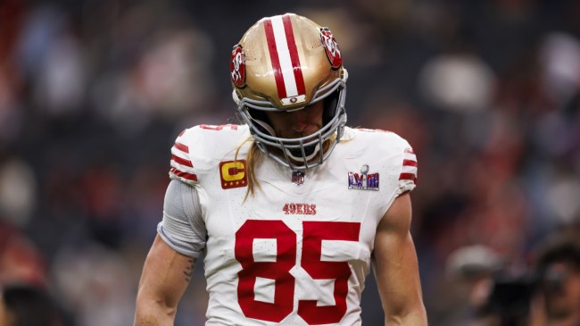 George Kittle walks off the field during Super Bowl LVIII.