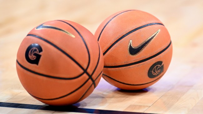 Georgetown logos on a pair of basketball balls.