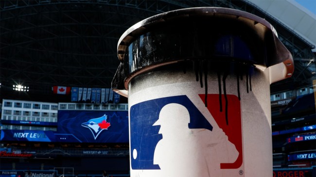 Major League Baseball logo on an equipment bucket