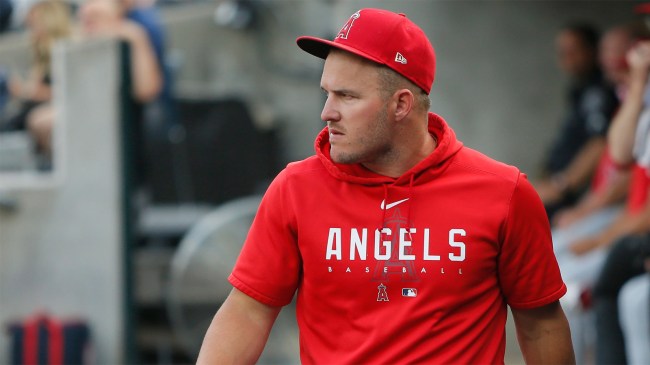 Mike Trout 27 of the Los Angeles Angels looks from the dugout