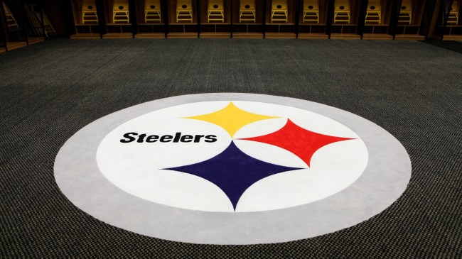 A Steelers logo in the Pittsburgh locker room.