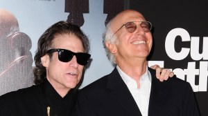Richard Lewis and Larry David pose for a photo at a "Curb Your Enthusiasm" premiere.