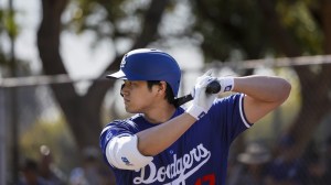 Shohei Ohtani in the batter's box for the Dodgers at Spring Training.