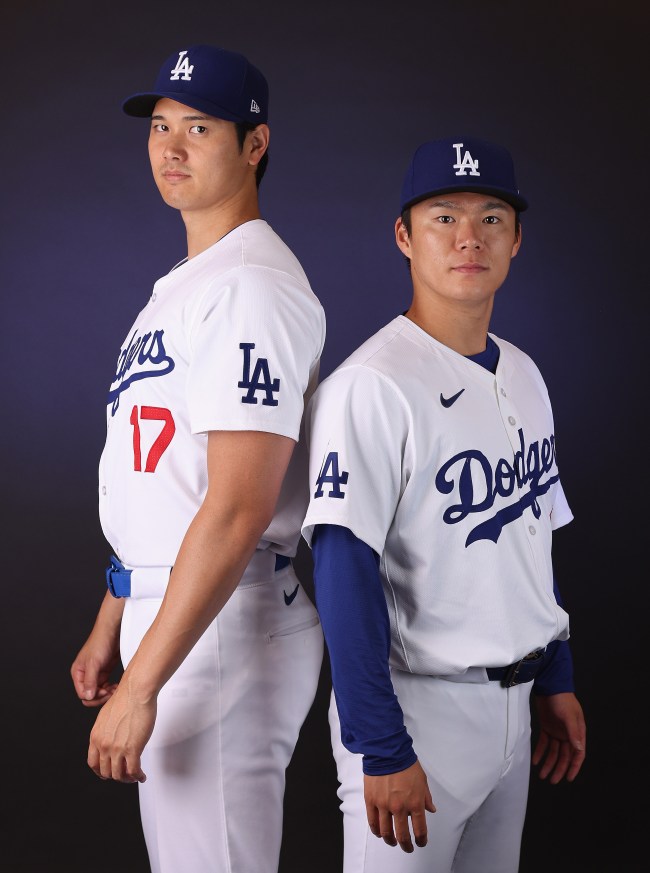 Shohei Ohtani and Yoshinobu Yamamoto of the Los Angeles Dodgers pose in uniform