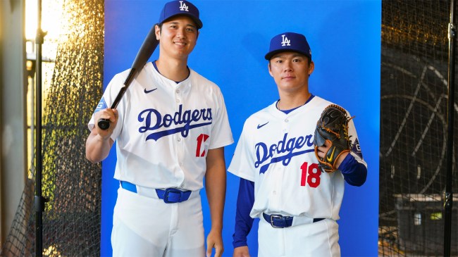 Shohei Ohtani and Yoshinobu pose during the Los Angeles Dodgers Photo Day