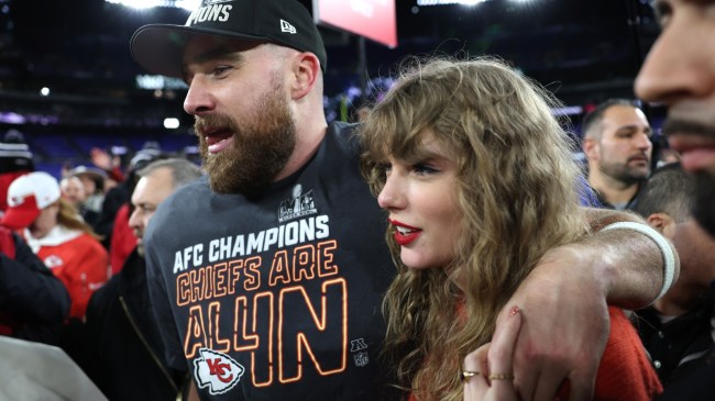 Travis Kelce and Taylor Swift celebrate after the AFC Championship Game.
