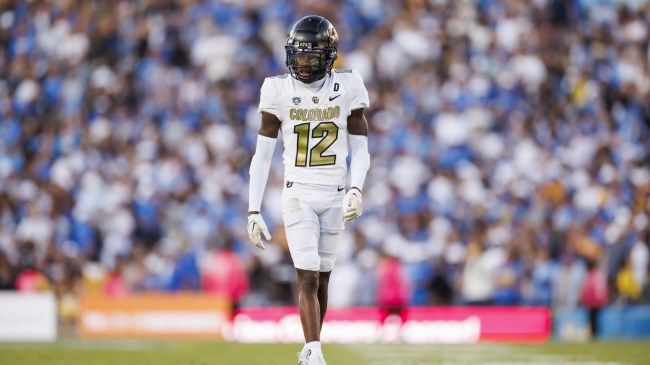 Travis Hunter on the field during a game between Colorado and UCLA.