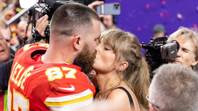 Travis Kelce of the Kansas City Chiefs kisses Taylor Swift Super Bowl 58