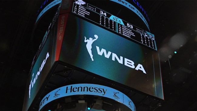 WNBA logo shown on jumbotron during halftime of game