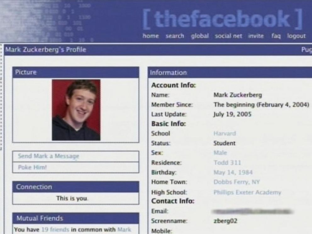 Mark Zuckerberg's first Facebook profile