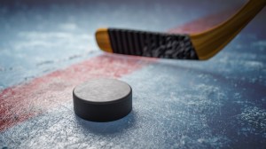A hockey puck on the ice.