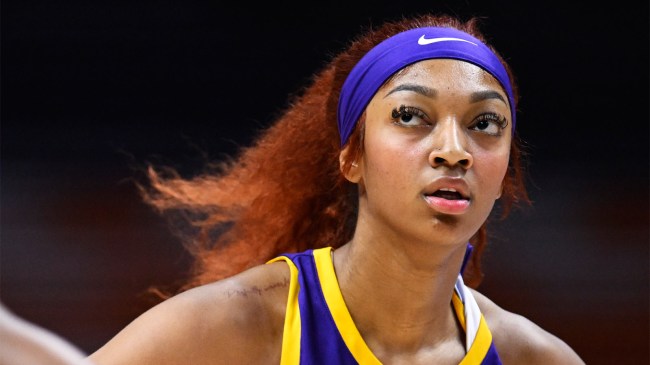 Angel Reese of the LSU Tigers looks on against the Tennessee Lady Vols