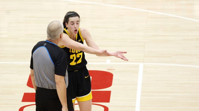 Iowa's Caitlin Clark questions an official during a game against Ohio State.