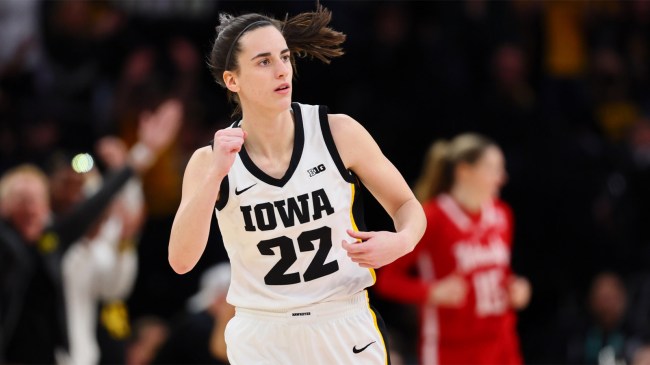 Caitlin Clark of the Iowa Hawkeyes reacts after a three point basket