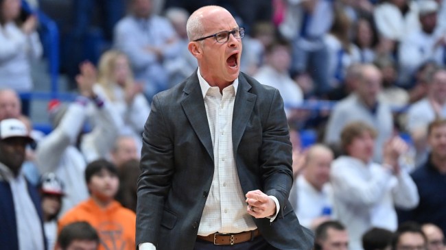 Dan Hurley reacts to a play on the UCONN bench.