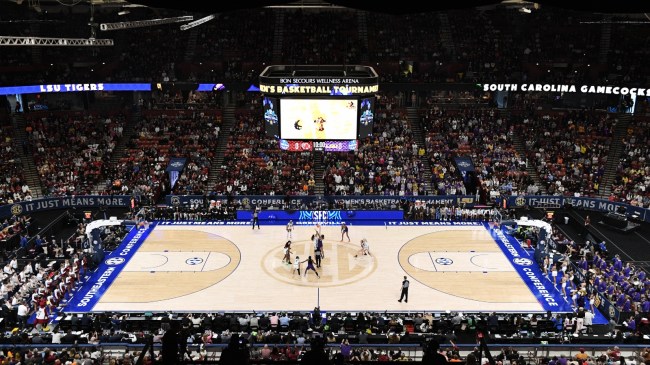 A view of the opening tip at the SEC women's tournament championship game between South Carolina and LSU.