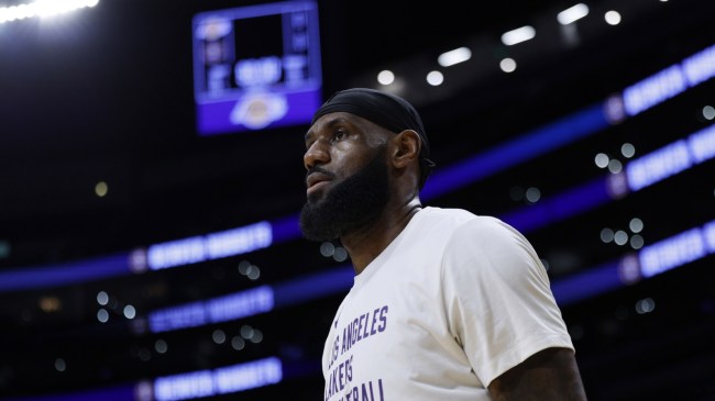 LeBron James on the court before a Los Angeles Lakers game.