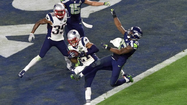 Malcolm Butler intercepts Russell Wilson at the goal line during Super Bowl 49.