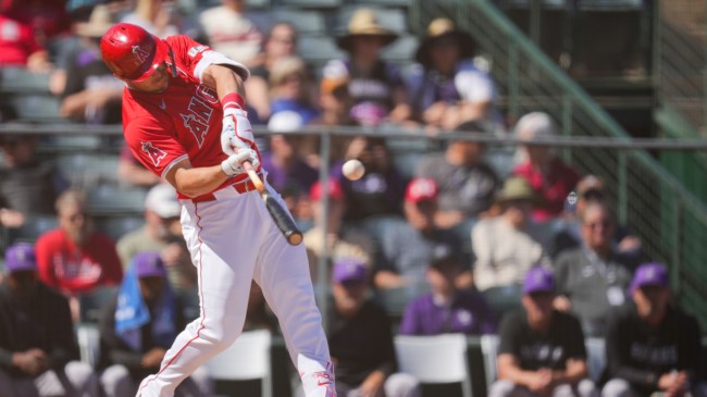 Mike Trout hits a pitch for the Angels.